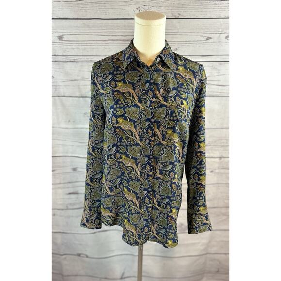 J.CREW Tops - J.Crew Silk Blouse Womens 2 Blue Botanical Cheetah Print Button Front